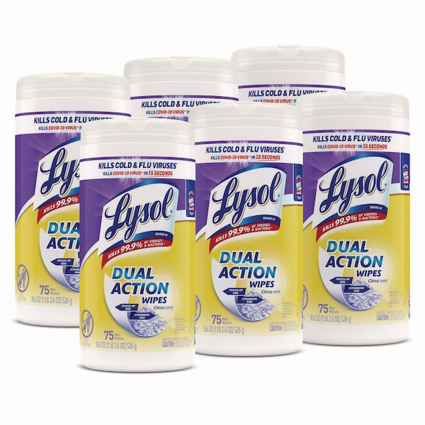 Lysol Dual Action Disinfecting Wipes, 1-Ply, 7 x 7.5, Citrus, White/Purple, 75/Canister, PK6 19200-81700 - main